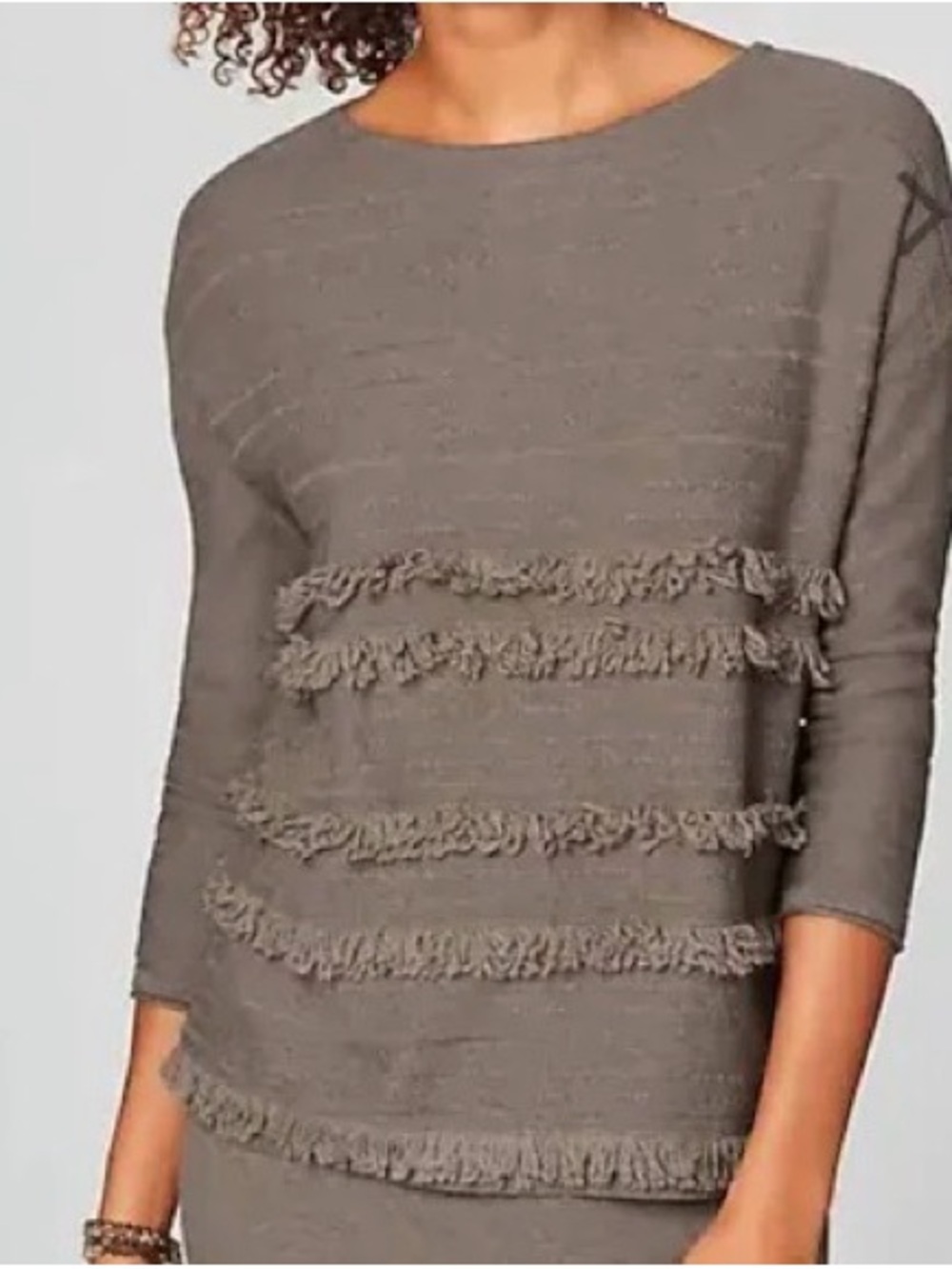 J. Jill Taupe Fringe-Trim Scoop Neck Sweater